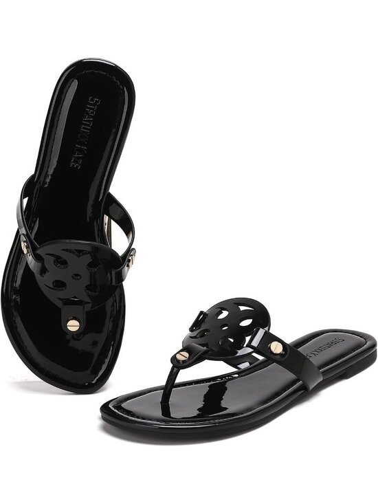 Shoes - Women's Black Faux Leather Memory Foam Beach Slides Comfy Flipflop Flat Sandals
